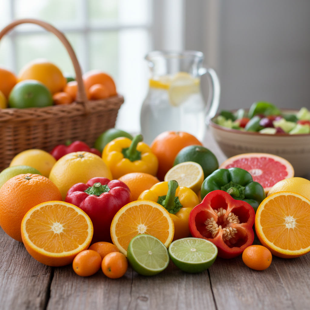 Colourful citrus fruits and bell peppers high in Vitamin C