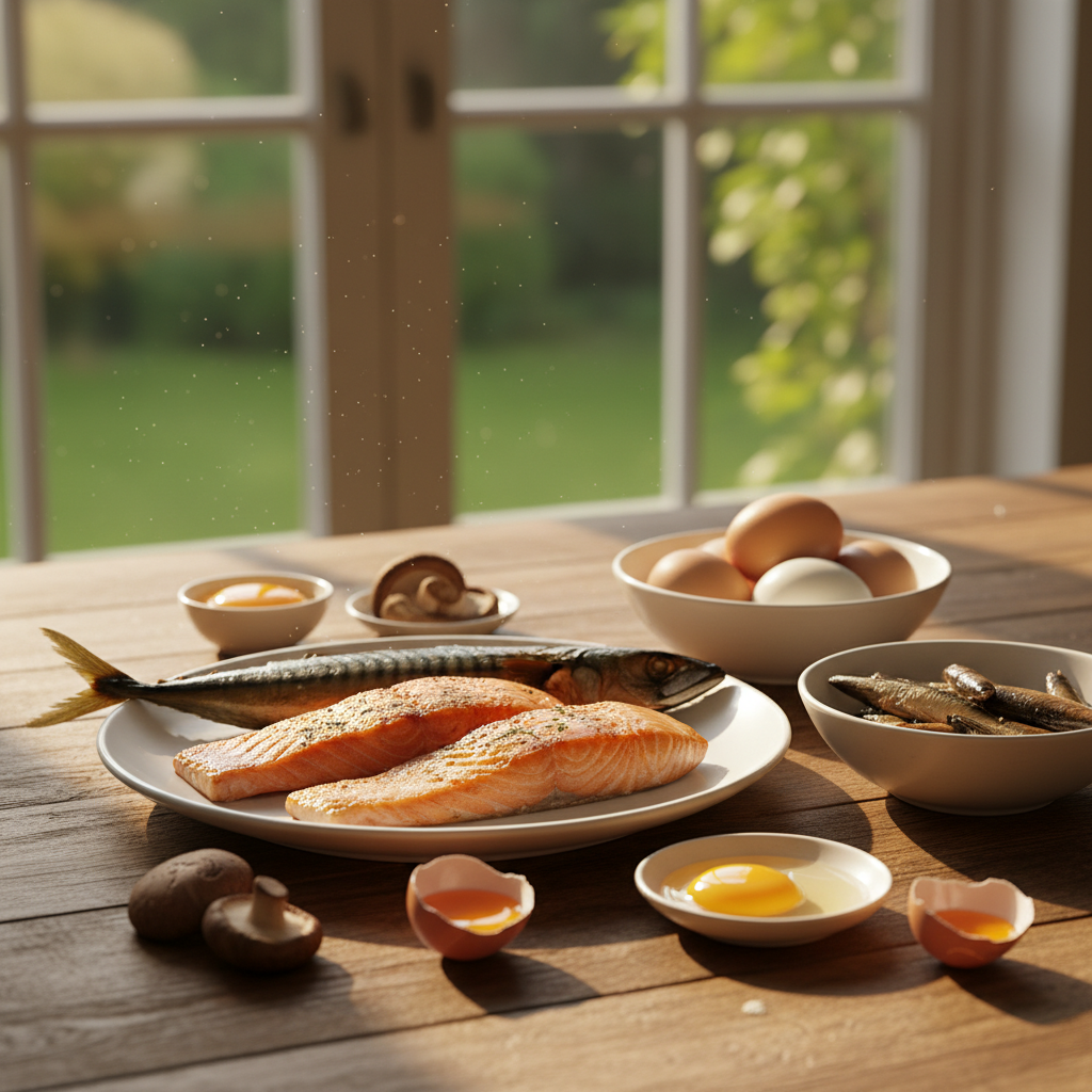 Sunlight and food sources rich in Vitamin D including fatty fish and eggs